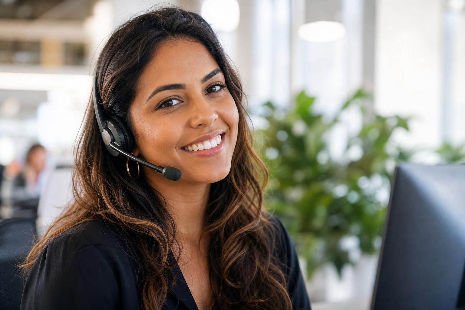 Atendente de comunicação visual sorrindo com headset
