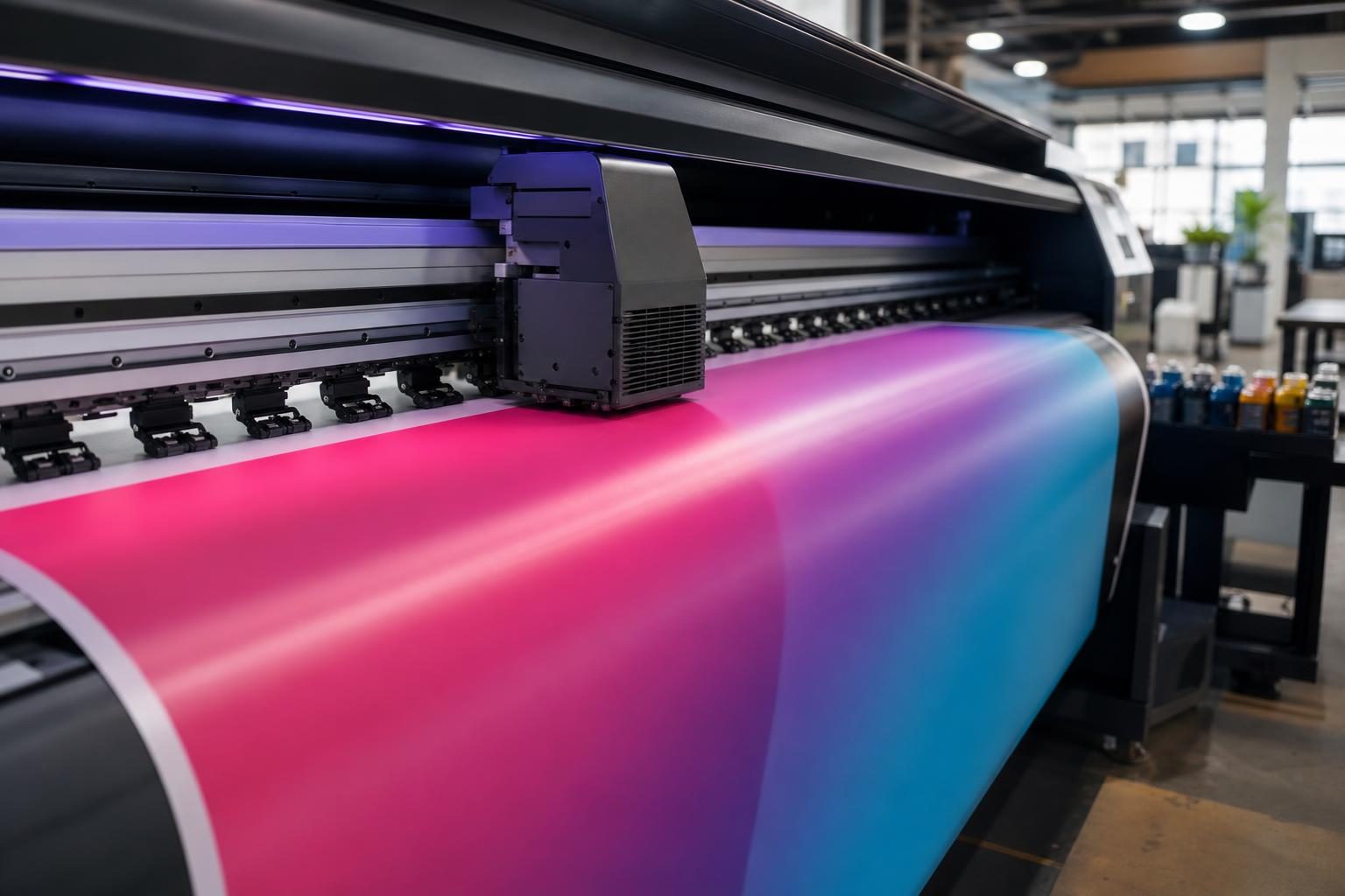 Impressora de grande formato em operação produzindo material gráfico
